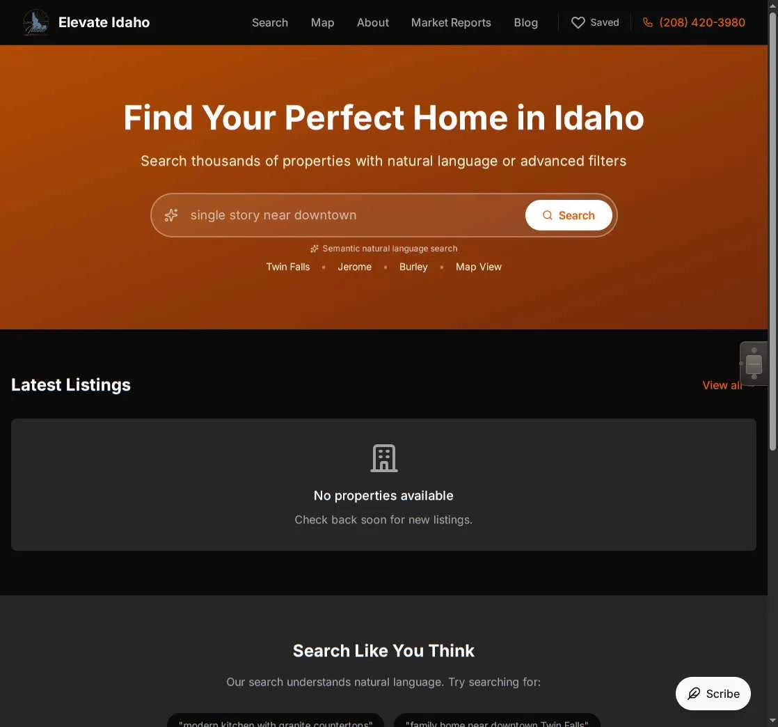 Scribe floating action button visible in the bottom-right corner of the homepage
