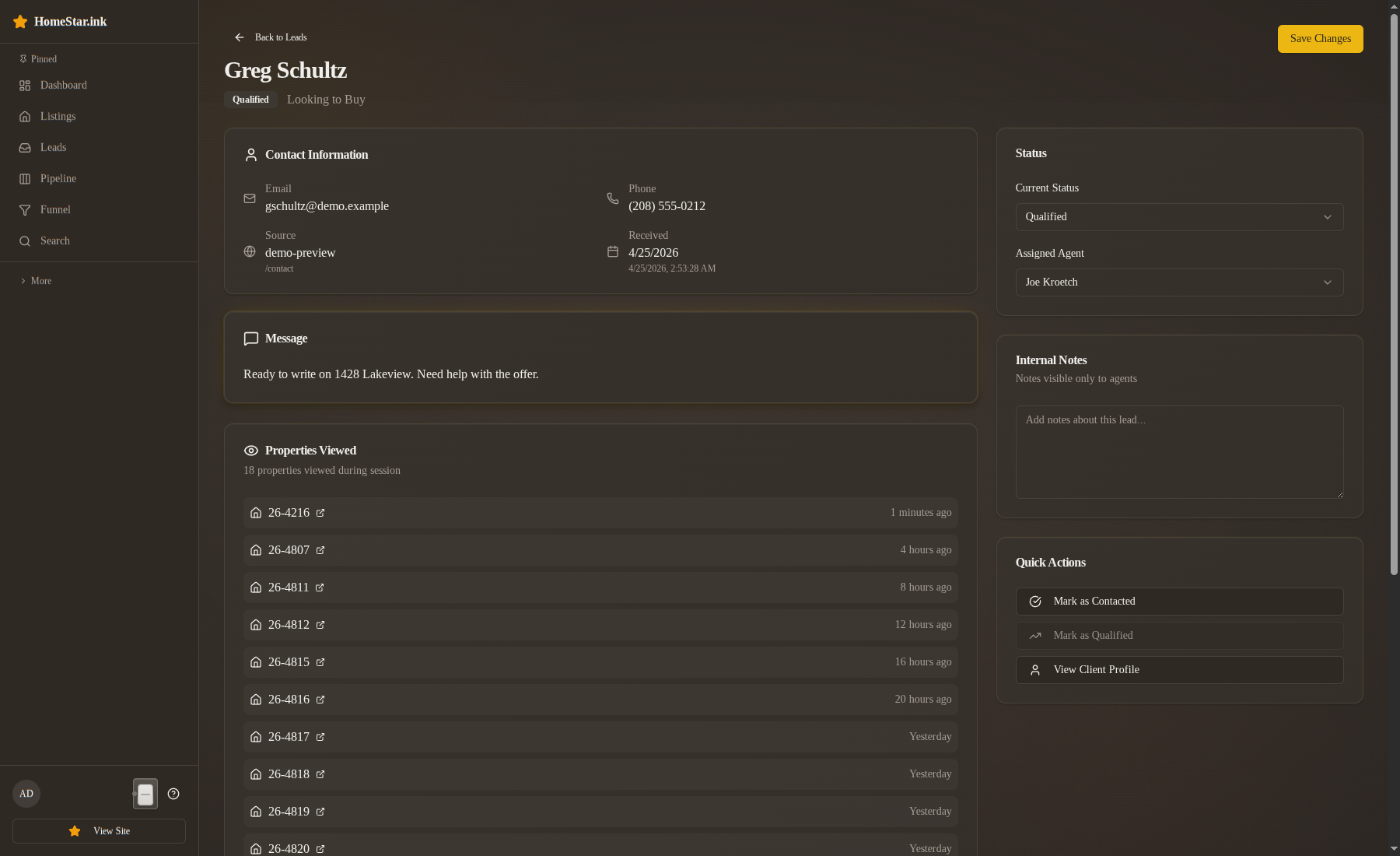 Greg Schultz detail page in COMMITTED state, one transition away from CLOSED via the closing_complete event. The structured closing-date and file-ID payload fields are part of the design; the shipped admin currently captures the transition via the Status dropdown change, with payload context recorded in event details rather than as separate form fields.